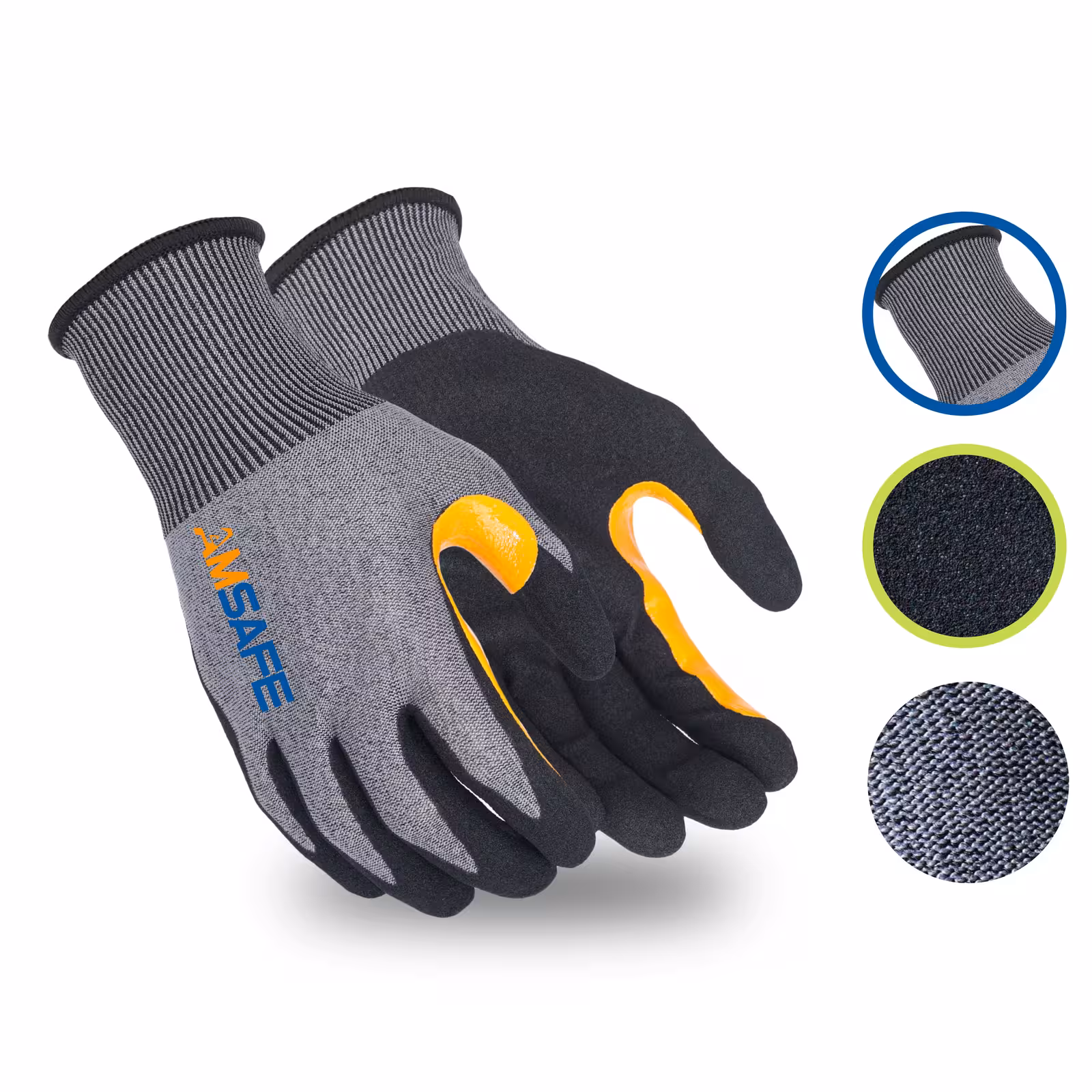 Guantes anticorte AMSAFE con detalles de tejido, recubrimiento y refuerzo entre pulgar e índice