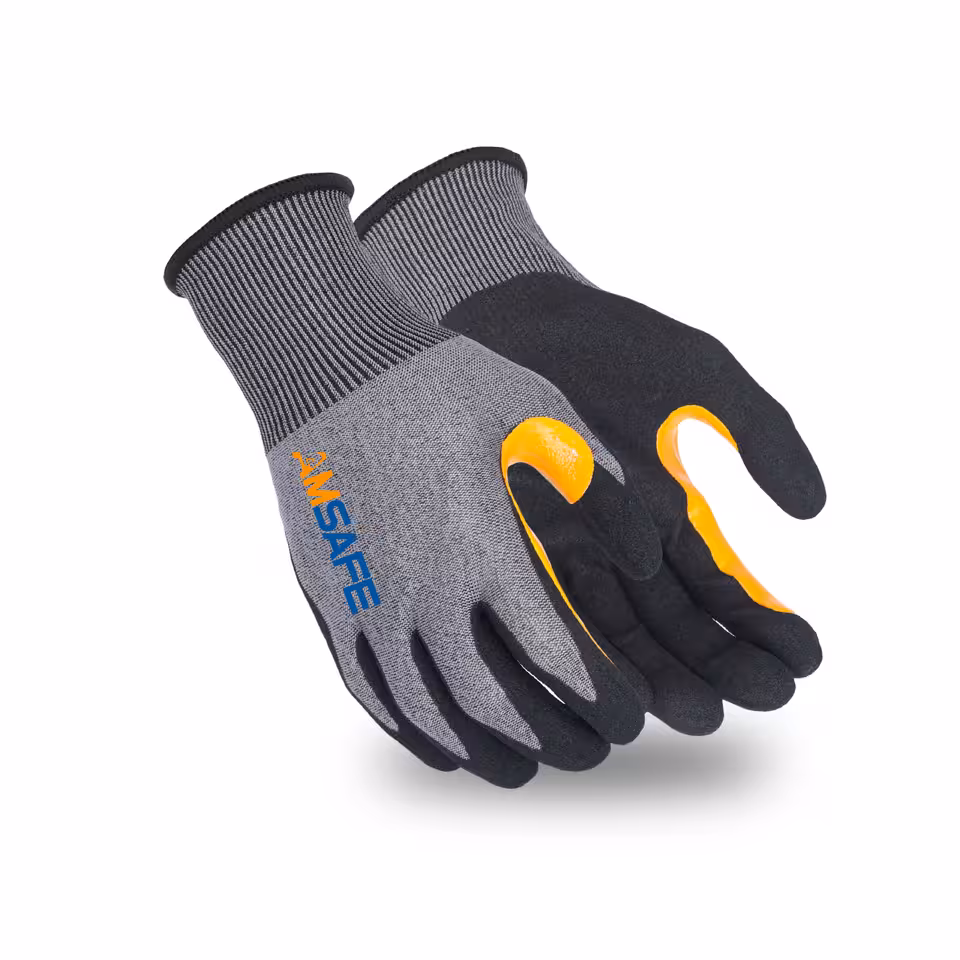 Par de guantes AN4109 grises con recubrimiento negro y refuerzo naranja entre pulgar e índice