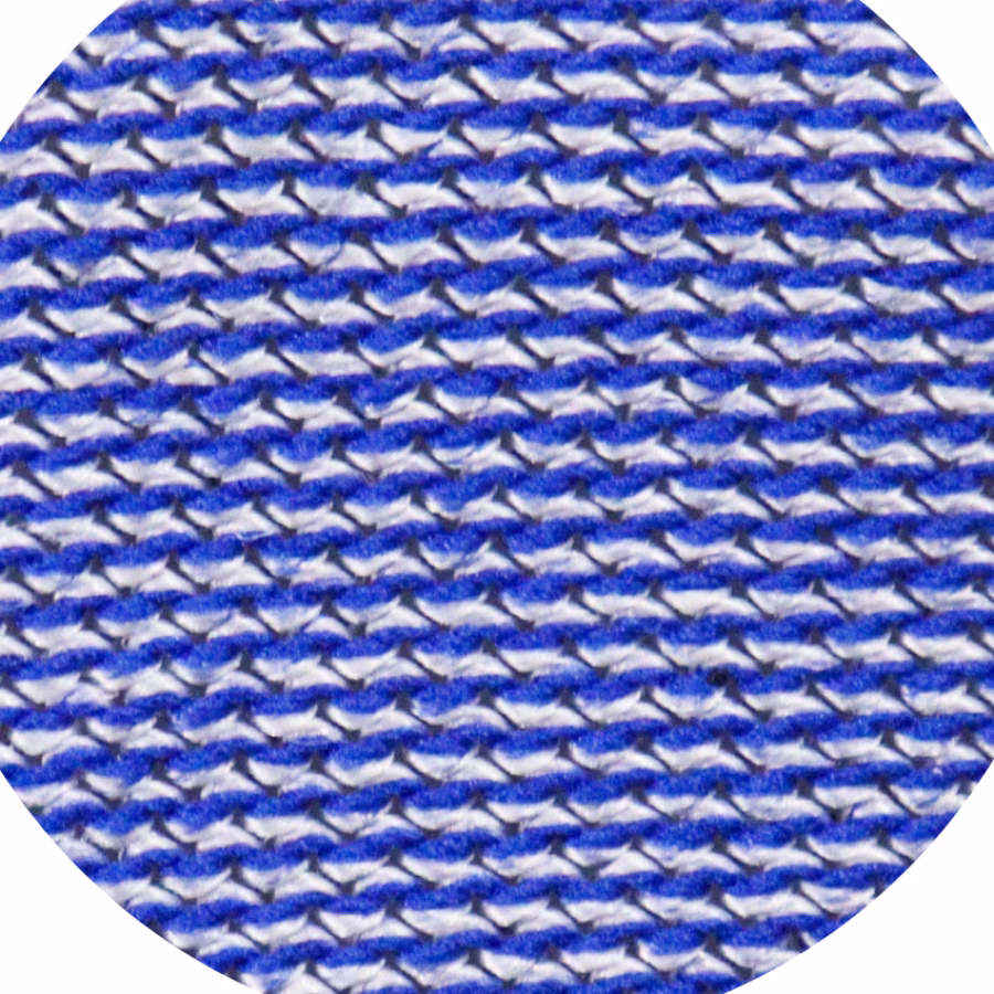 Macrofotografía AVIF de tejido anticorte 13G azul y blanco