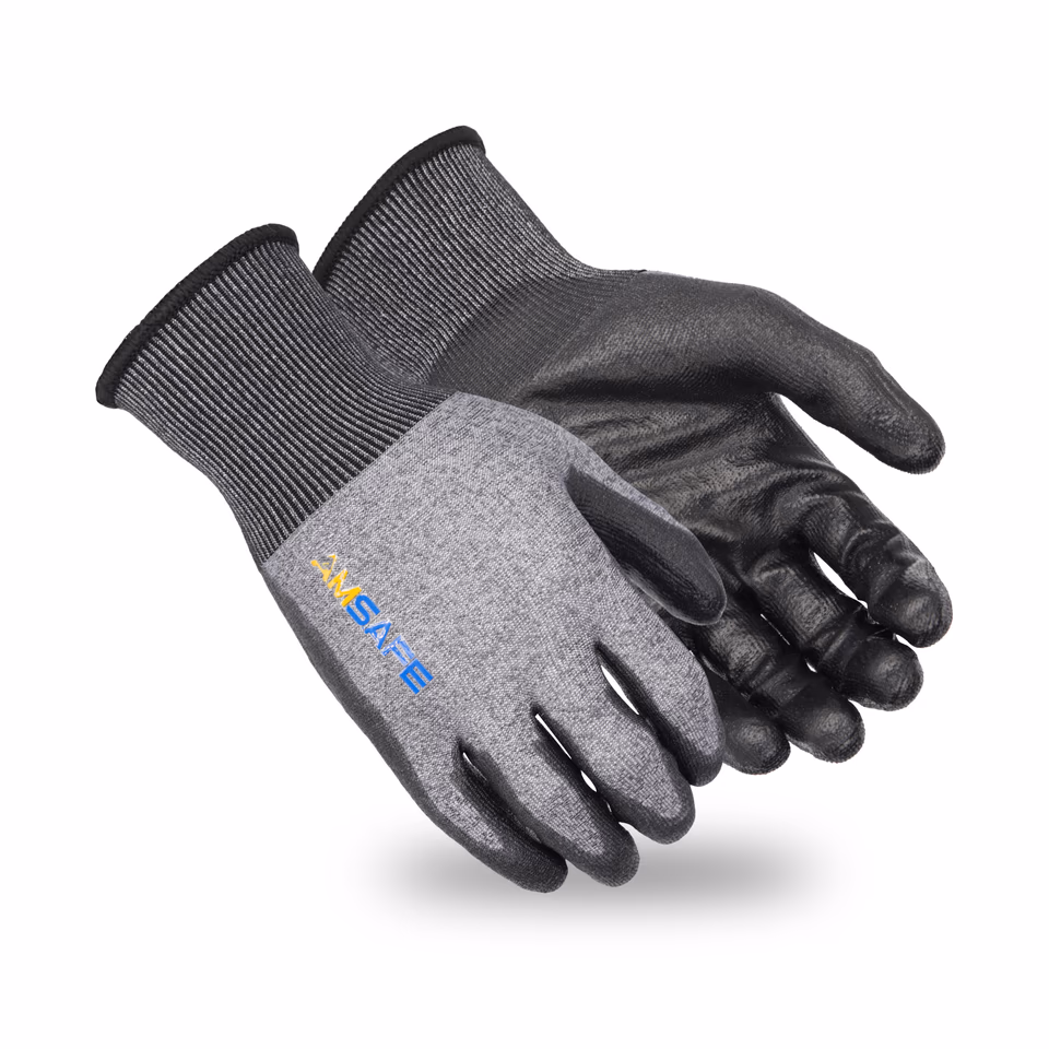 Guantes anticorte: par de guantes anticorte AA-37 grises con recubrimiento negro de PU en la palma