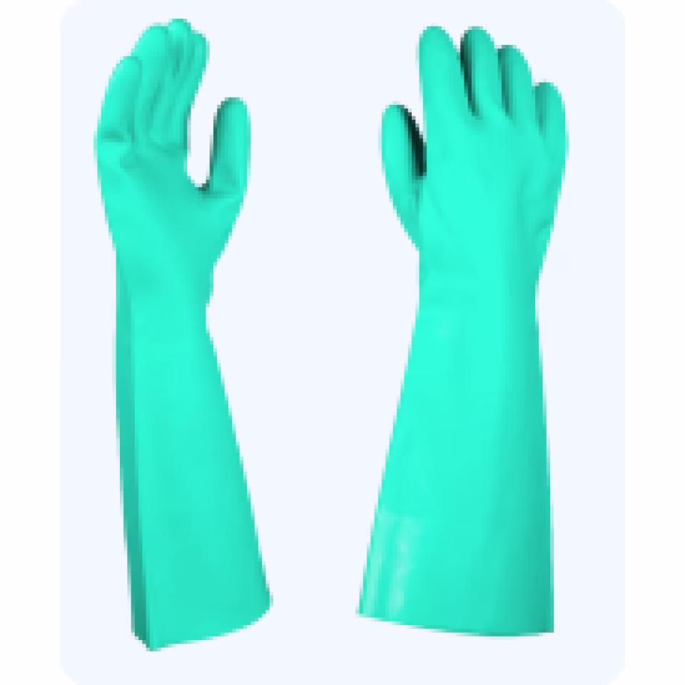 Guantes de protección química: guantes largos AC3042 verdes de nitrilo, vistos por palma y dorso