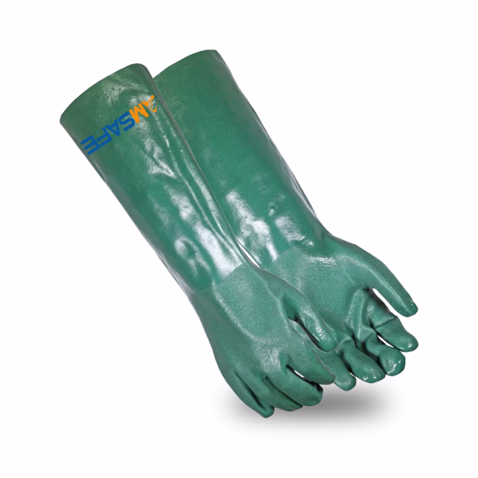Guantes de protección química: par de guantes largos AC7200 verdes con recubrimiento de PVC y palma rugosa