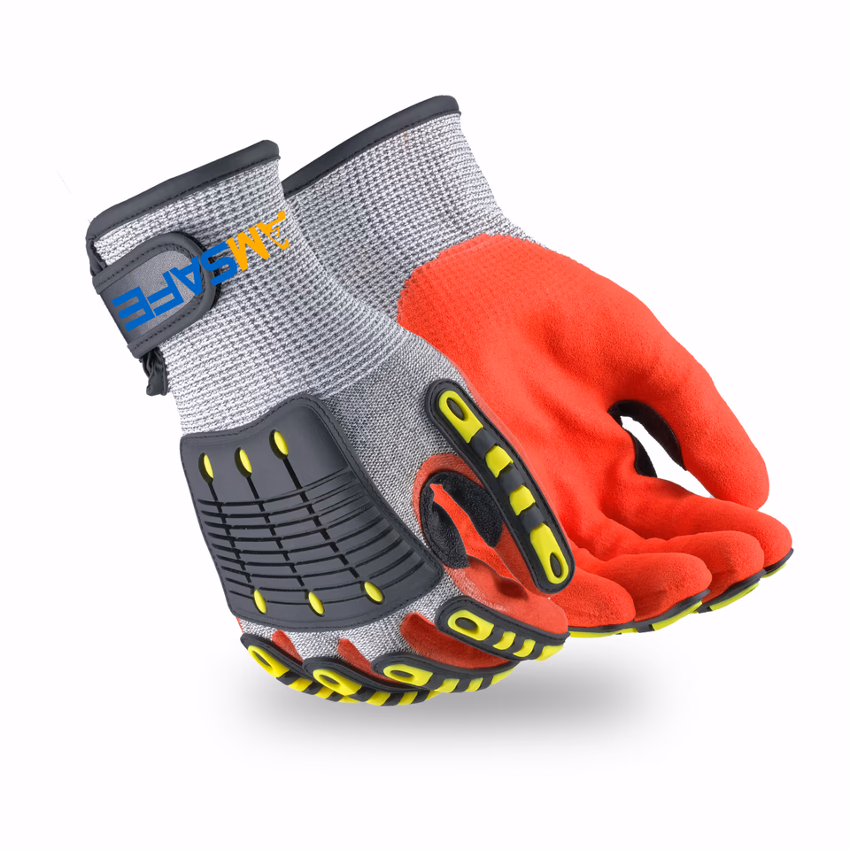 Guantes antiimpacto: par de guantes antiimpacto AL3301 grises y rojos con protecciones TPR negras y amarillas