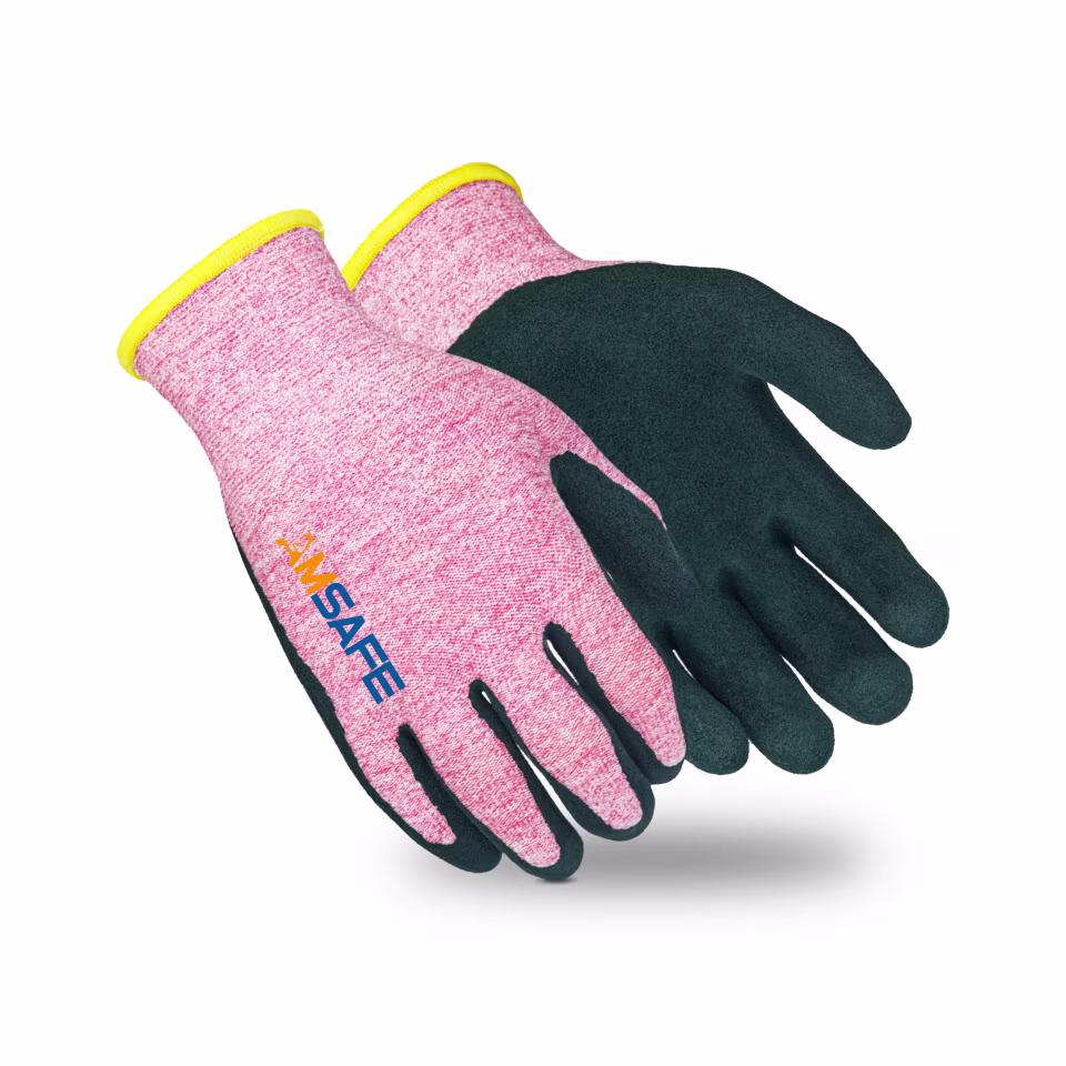 Guantes con recubrimiento de látex: par de guantes AL5206 rosas con recubrimiento verde de látex arenoso