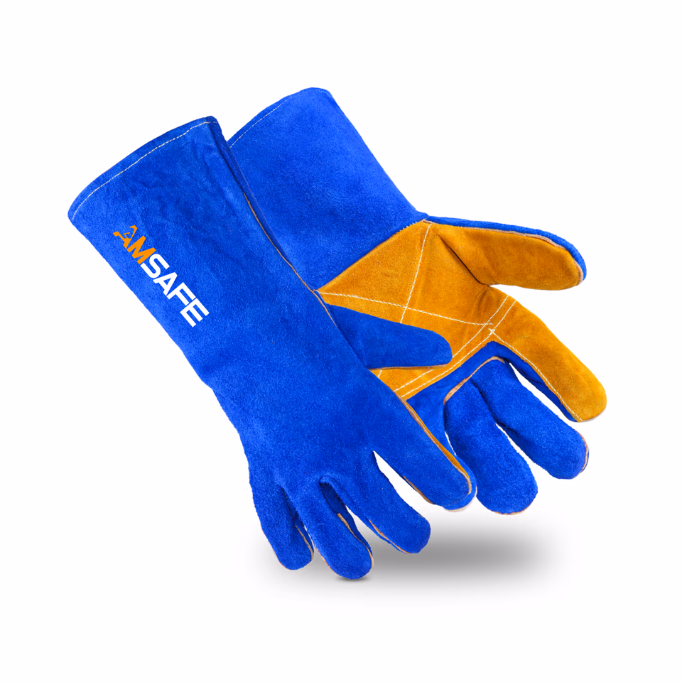 Guantes de soldadura: par de guantes de soldadura ALE307 de cuero azul con refuerzos amarillos