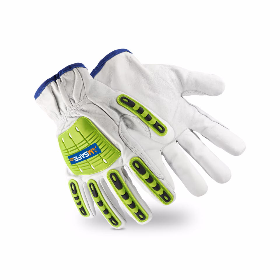 Guantes antiimpacto: par de guantes antiimpacto AM41108 de cuero blanco con TPR verde y negro