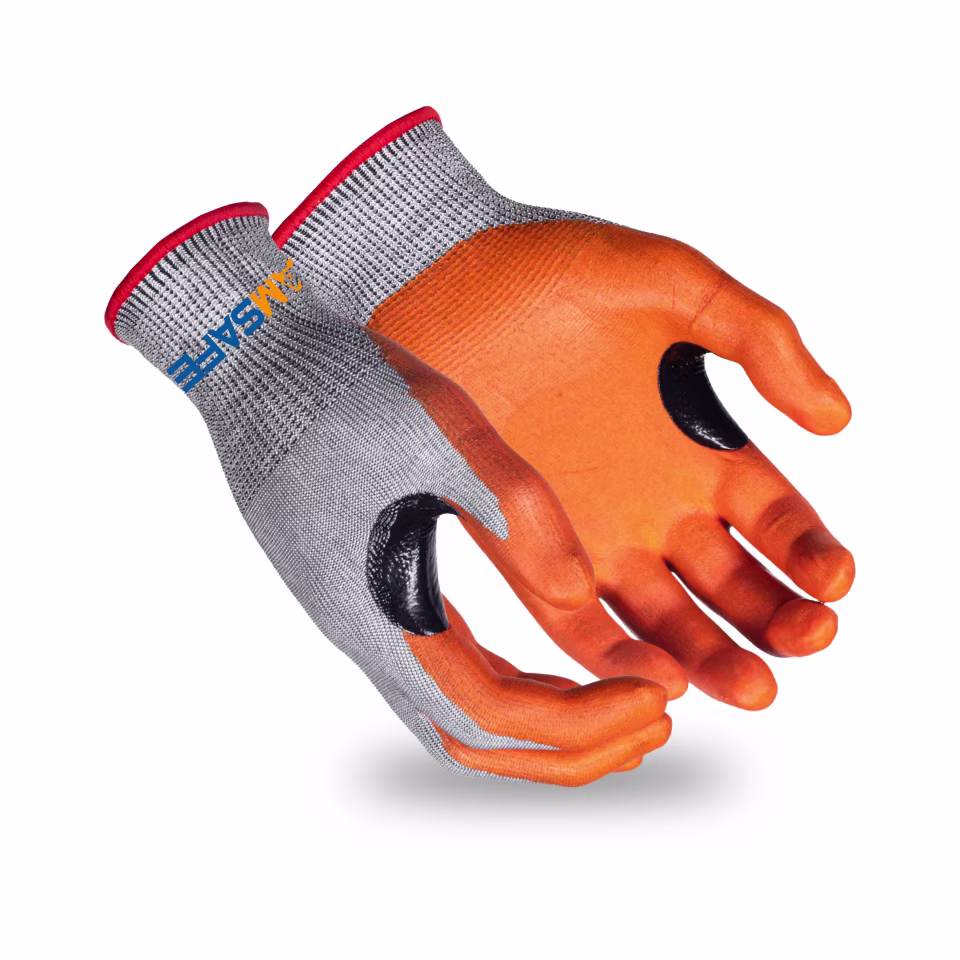 Guantes anticorte: par de guantes anticorte AN3113 grises con nitrilo naranja y refuerzo entre pulgar e índice