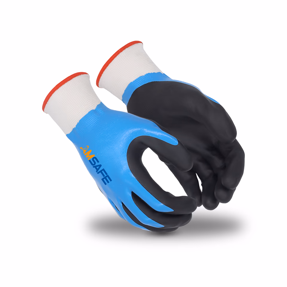 Guantes recubiertos de nitrilo: par de guantes AN3431 blancos y azules con doble recubrimiento de nitrilo