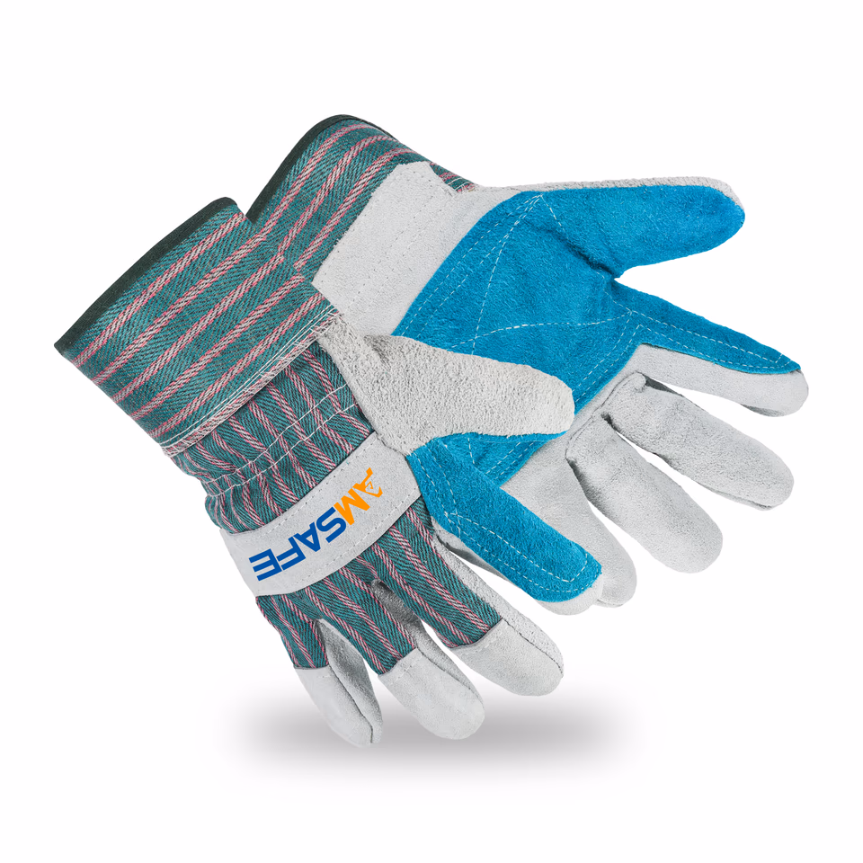 Guantes de cuero: par de guantes de cuero ASF-C0600 grises y azules con dorso textil verde