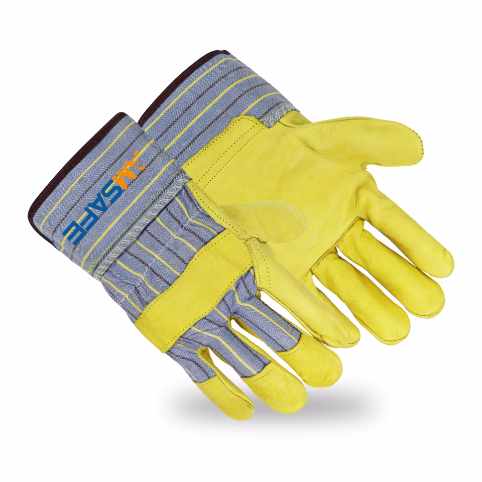 Guantes de cuero: par de guantes ASF-C0610 de cuero vacuno amarillo con puño textil a rayas