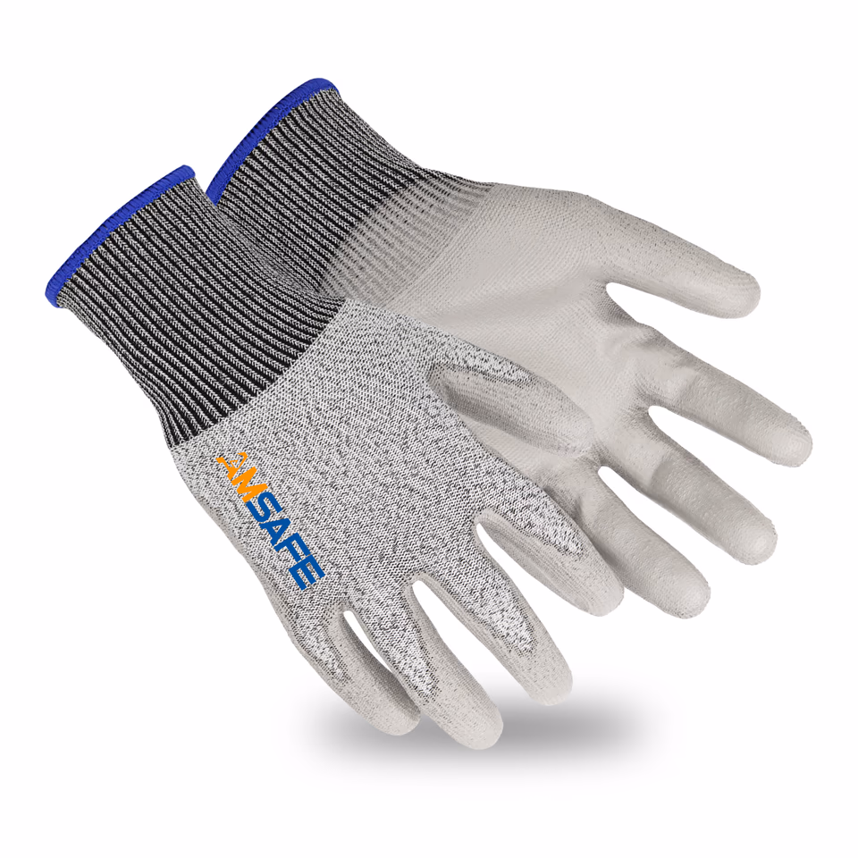 Guantes anticorte: par de guantes anticorte ASF-NU3733 blancos y grises con recubrimiento gris de PU