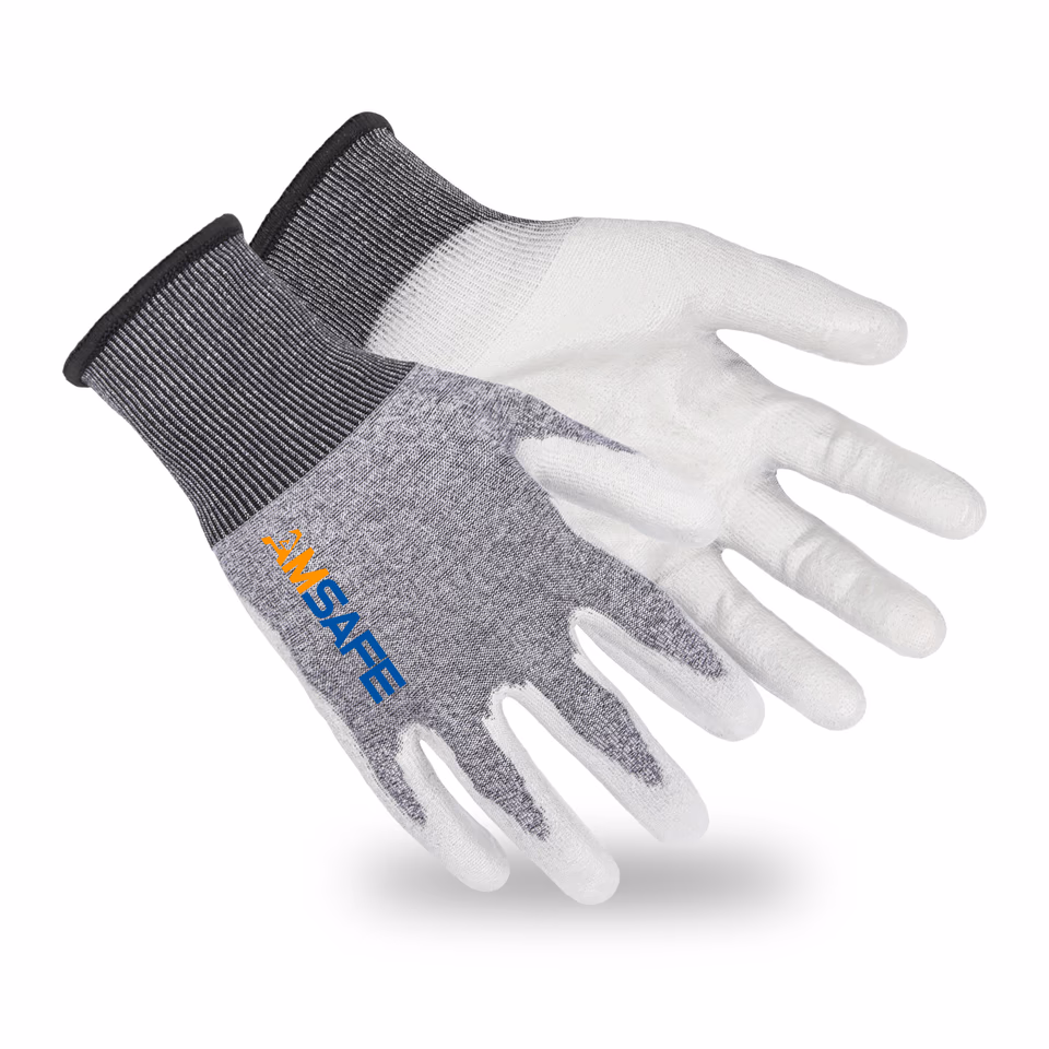 Guantes anticorte: par de guantes anticorte ASF-NU4734 blancos y grises con recubrimiento gris de PU