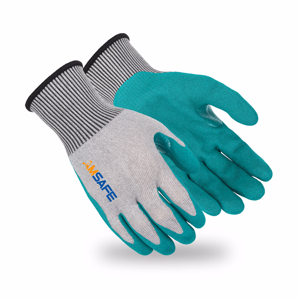 Guantes anticorte: par de guantes anticorte ASF-SN3735 grises con recubrimiento verde de nitrilo arenoso