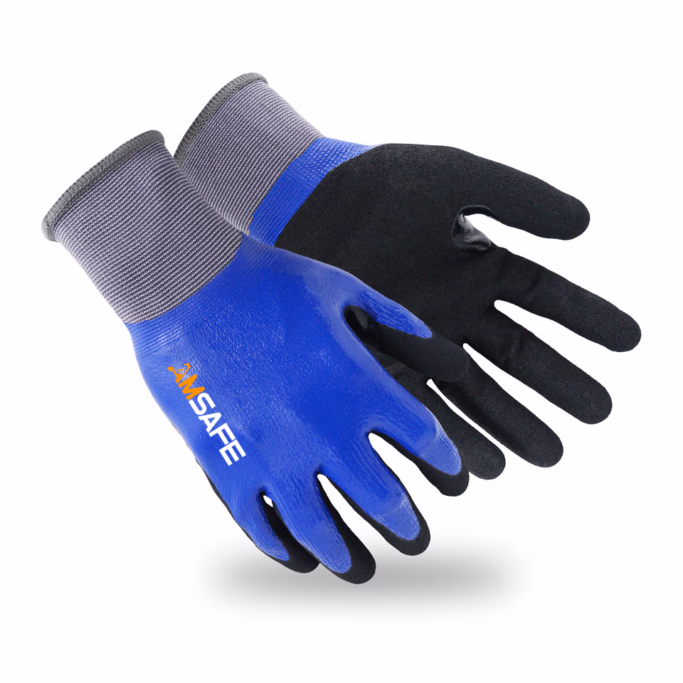 Guantes recubiertos de nitrilo: par de guantes ASF-SN5370 grises y azules con palma negra de nitrilo arenoso