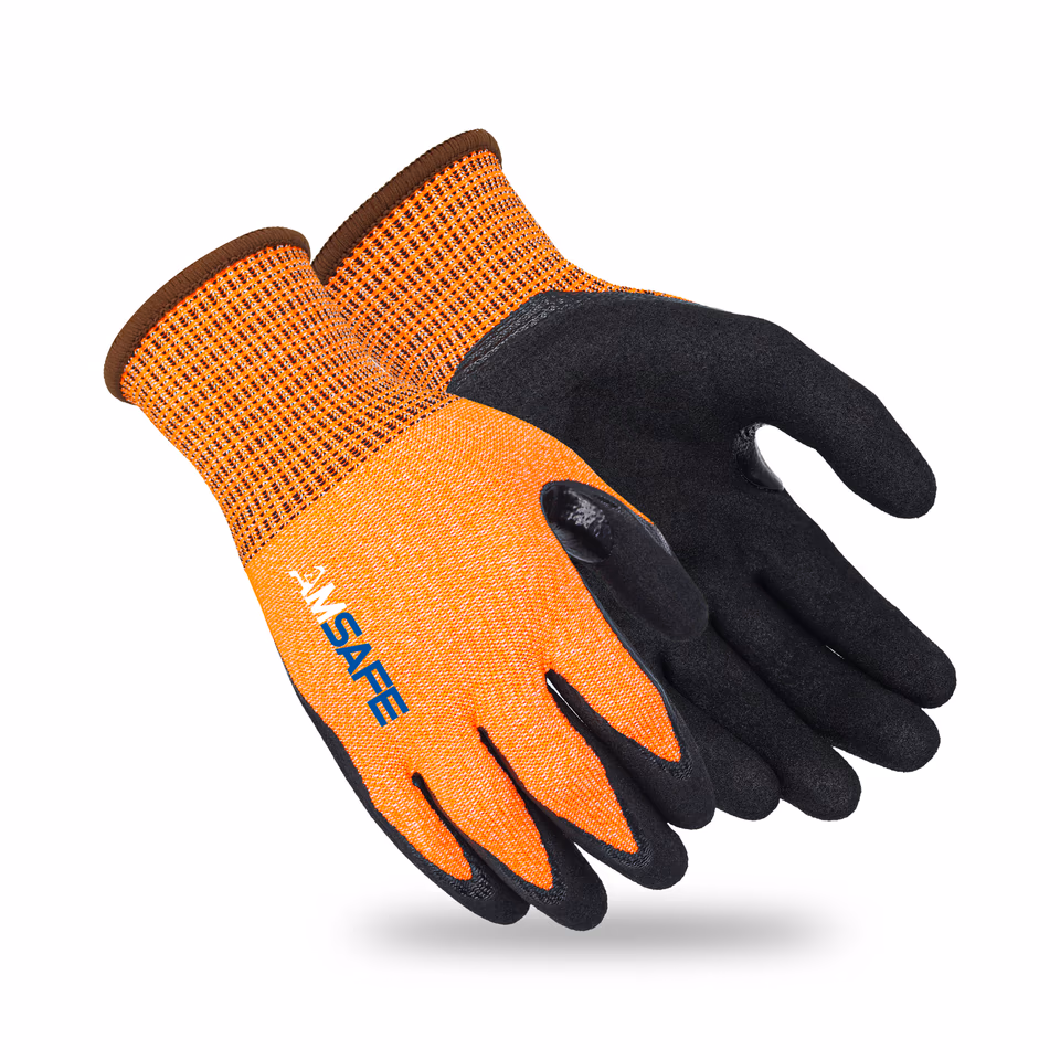 Guantes anticorte: par de guantes anticorte ASF-SN8337 naranjas con doble recubrimiento negro de nitrilo arenoso