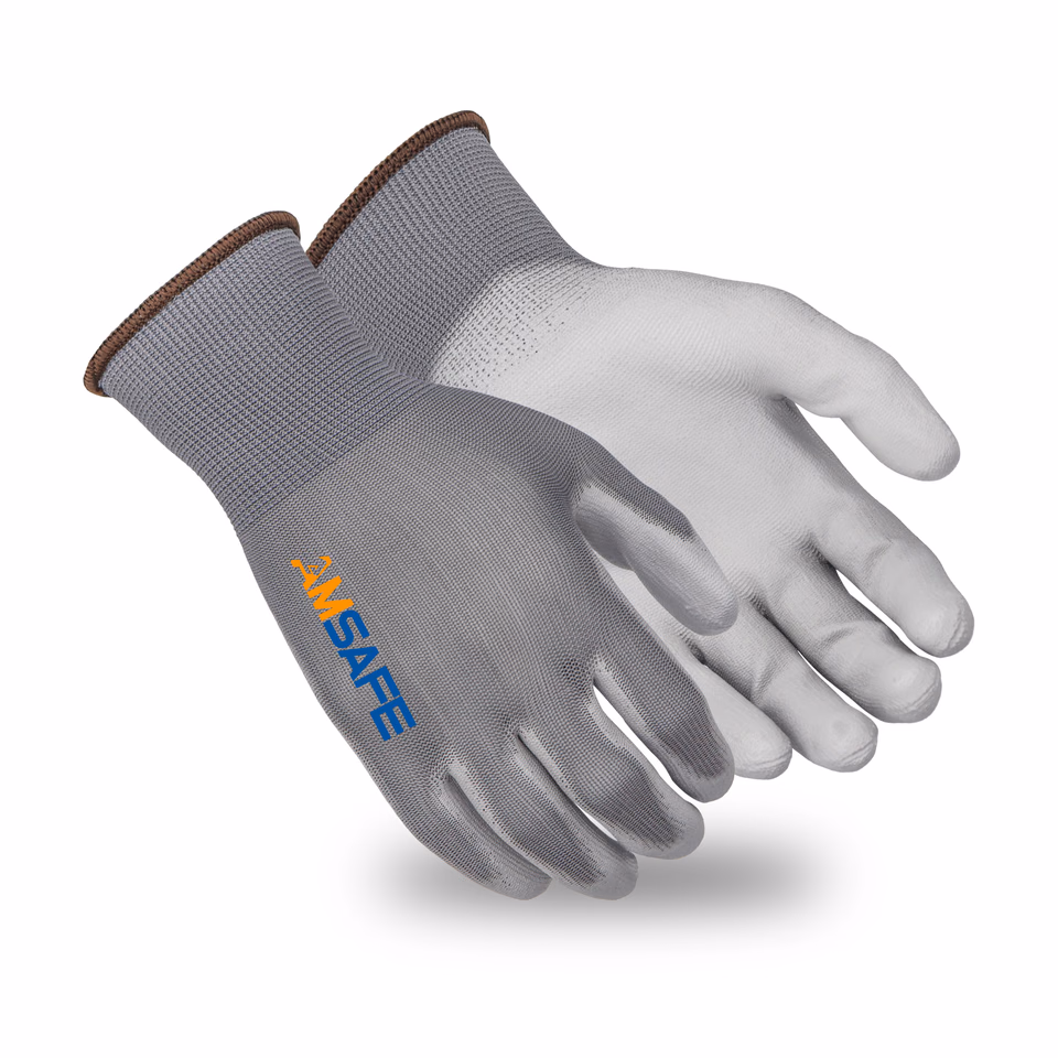 Guantes de PU: guante AU3402 de poliéster gris con PU gris en la palma