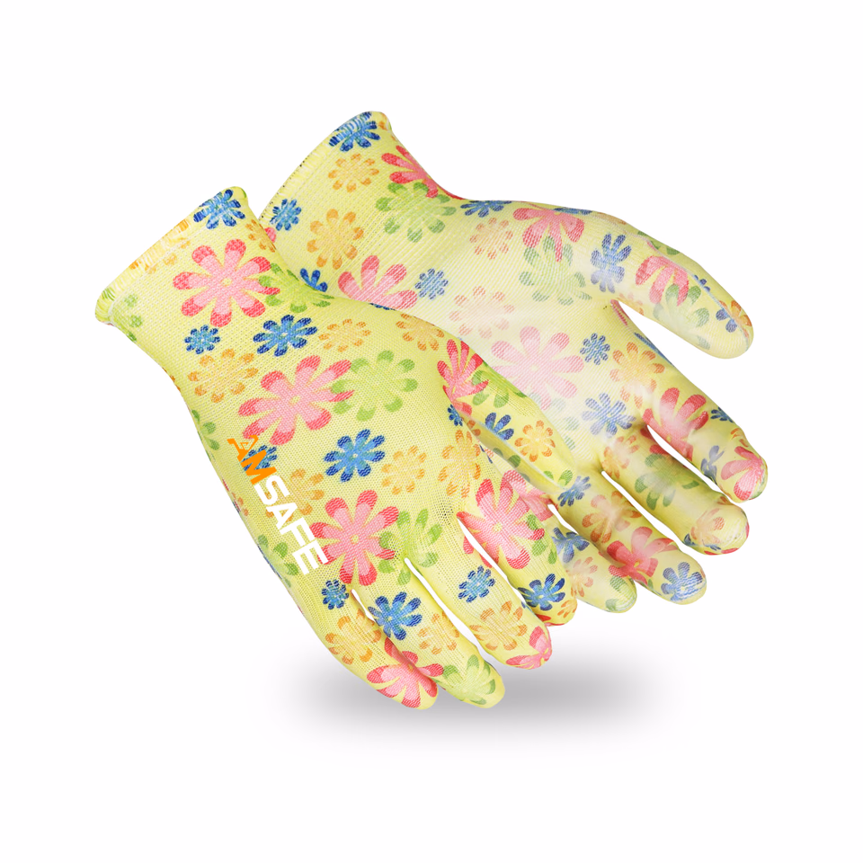 Guantes de PU: guante AU4410 de poliéster estampado con PU en la palma