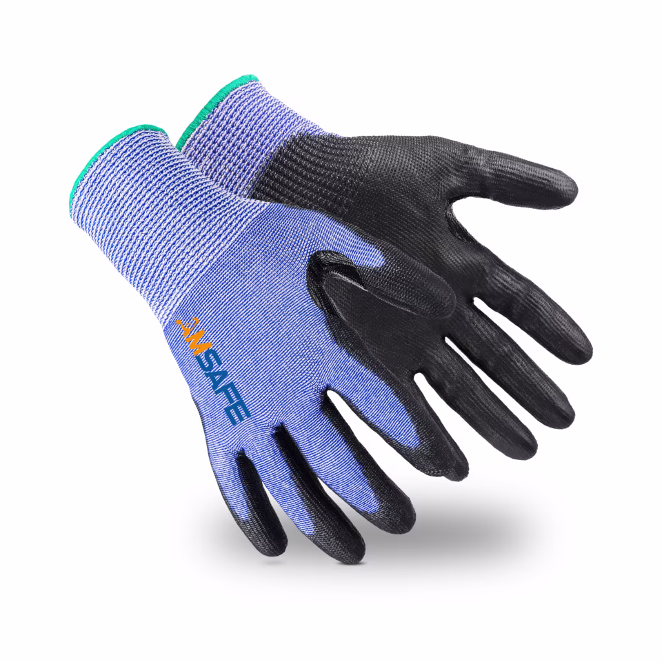 Guantes anticorte: par de guantes anticorte DU1203 azules y negros con recubrimiento negro de PU