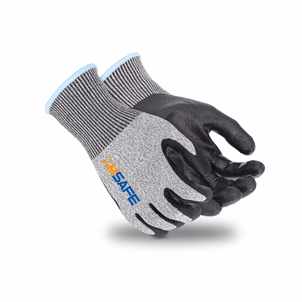 Guantes anticorte: par de guantes anticorte NN8934 grises con recubrimiento negro y refuerzo entre pulgar e índice