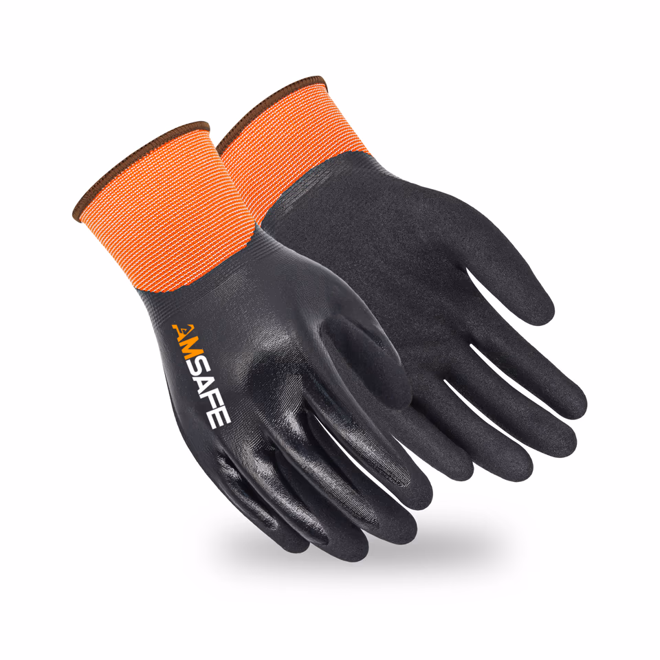 Guantes recubiertos de nitrilo: par de guantes SN5331 naranjas y negros con acabado de nitrilo arenoso en la palma