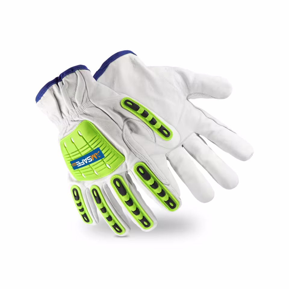 Guantes antiimpacto: par de guantes antiimpacto AM41108 de cuero blanco con TPR verde y negro — imagen 1