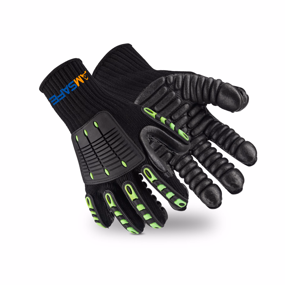 Guantes antiimpacto: par de guantes antiimpacto negros con módulos TPR negro y verde flúor y palma acolchada — imagen 1