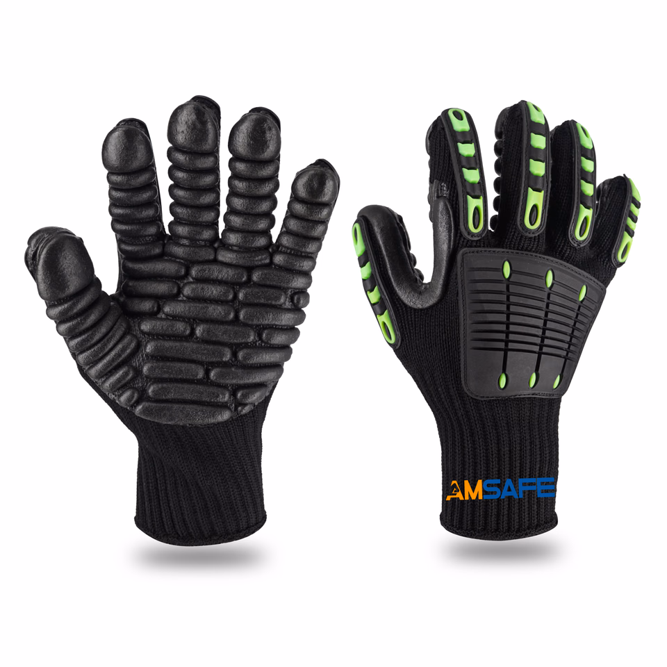 Guantes antiimpacto: par de guantes antiimpacto negros con módulos TPR negro y verde flúor y palma acolchada — imagen 3