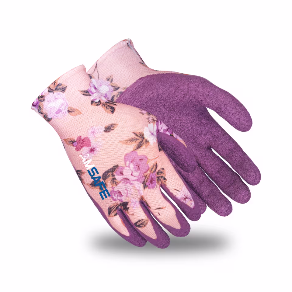 Guantes con recubrimiento de látex: par de guantes AL3247 estampados con recubrimiento morado de látex rugoso en la palma — imagen 1
