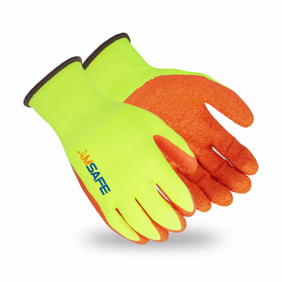 Guantes con recubrimiento de látex: par de guantes AL3232 amarillos con recubrimiento naranja de látex rugoso en la palma — imagen 1