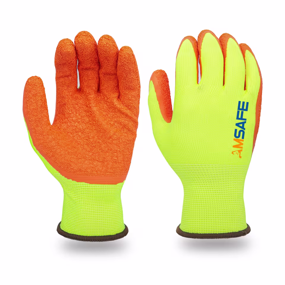 Guantes con recubrimiento de látex: par de guantes AL3232 amarillos con recubrimiento naranja de látex rugoso en la palma — imagen 2