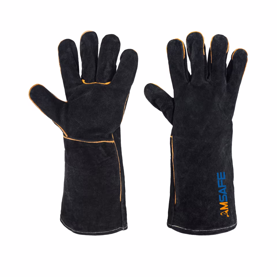 Guantes de soldadura: par de guantes de soldadura ALE400 negros de cuero vacuno serraje con puño largo — imagen 2