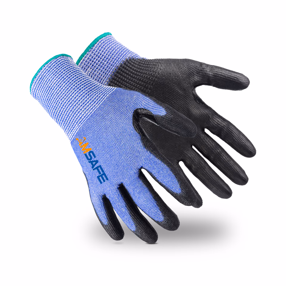 Guantes anticorte: par de guantes anticorte DU1203 azules y negros con recubrimiento negro de PU — imagen 1