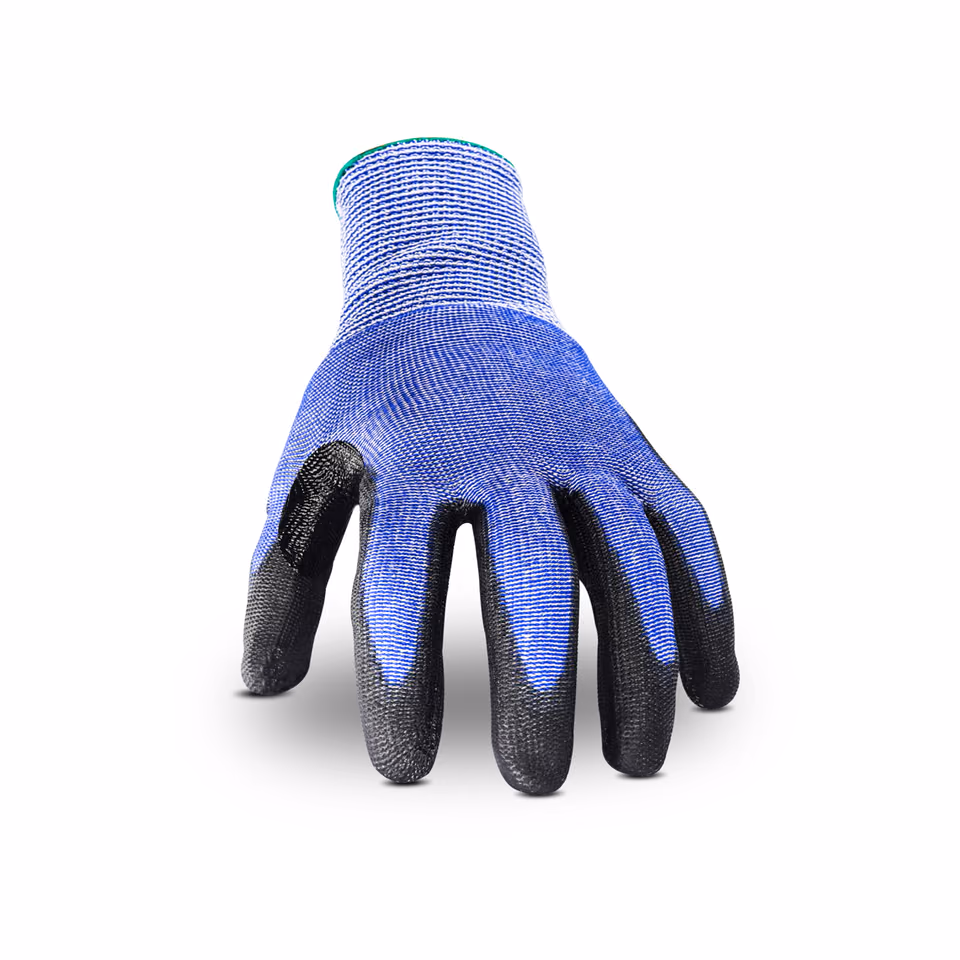 Guantes anticorte: par de guantes anticorte DU1203 azules y negros con recubrimiento negro de PU — imagen 5