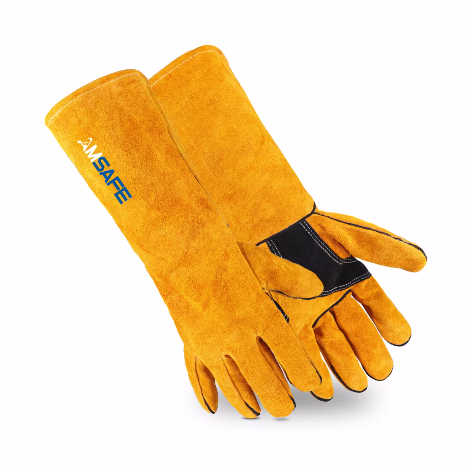 Guantes de soldadura: par de guantes de soldadura ALE308 de cuero amarillo con refuerzo negro en la palma — imagen 1