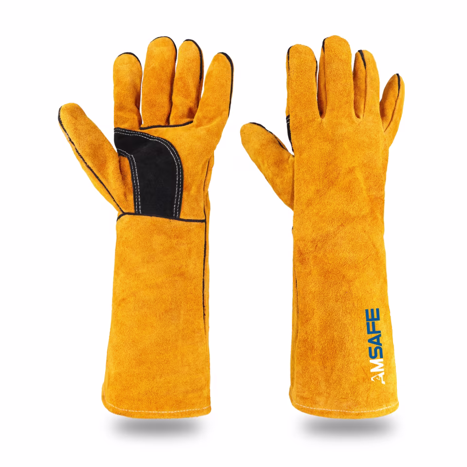 Guantes de soldadura: par de guantes de soldadura ALE308 de cuero amarillo con refuerzo negro en la palma — imagen 2