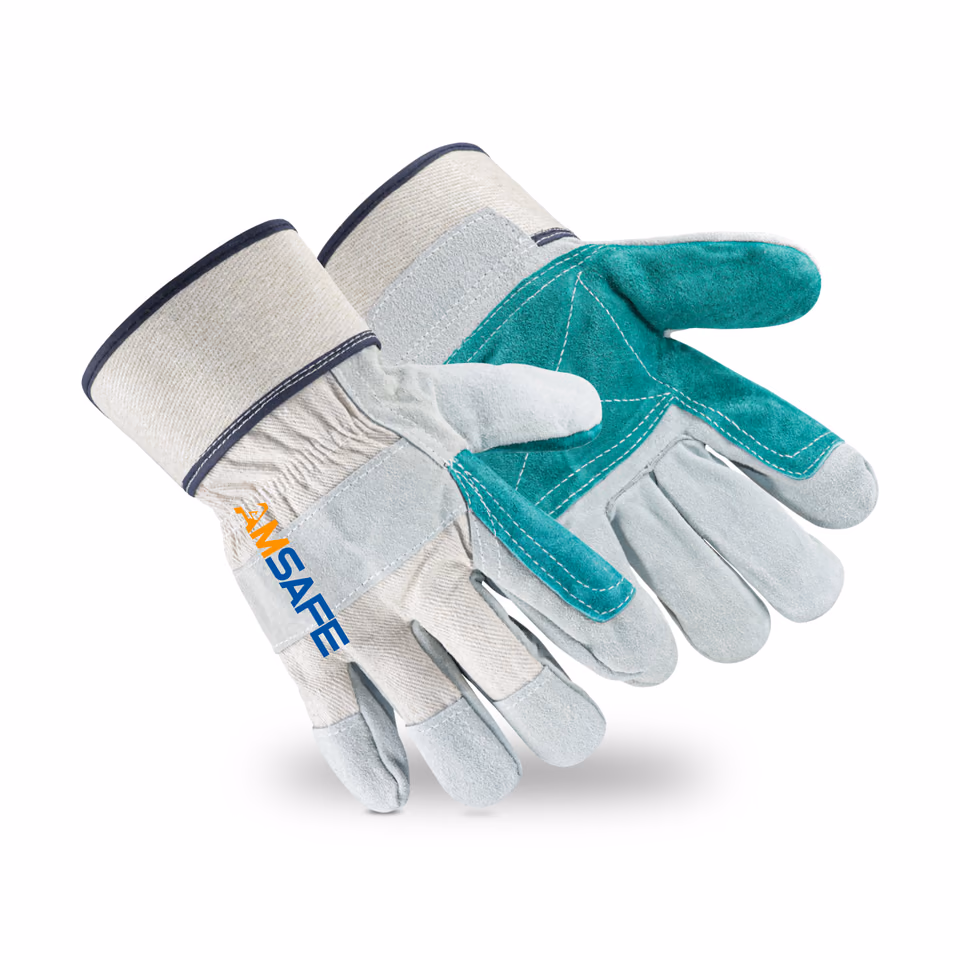 Guantes de cuero: guante de trabajo blanco con piel vacuno verde, puño de seguridad y logotipo AMSAFE — imagen 1