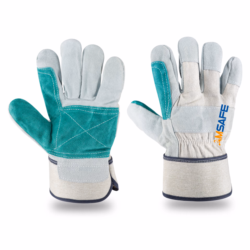 Guantes de cuero: guante de trabajo blanco con piel vacuno verde, puño de seguridad y logotipo AMSAFE — imagen 2