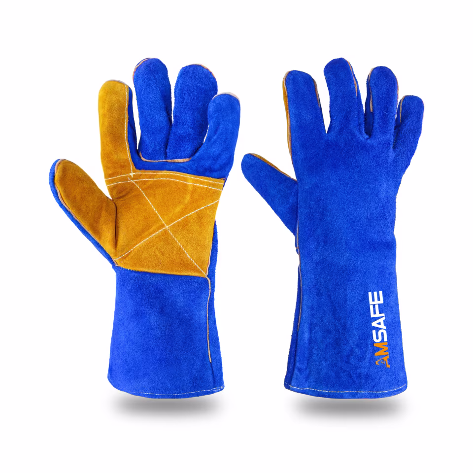 Guantes de soldadura: par de guantes de soldadura ALE307 de cuero azul con refuerzos amarillos — imagen 2