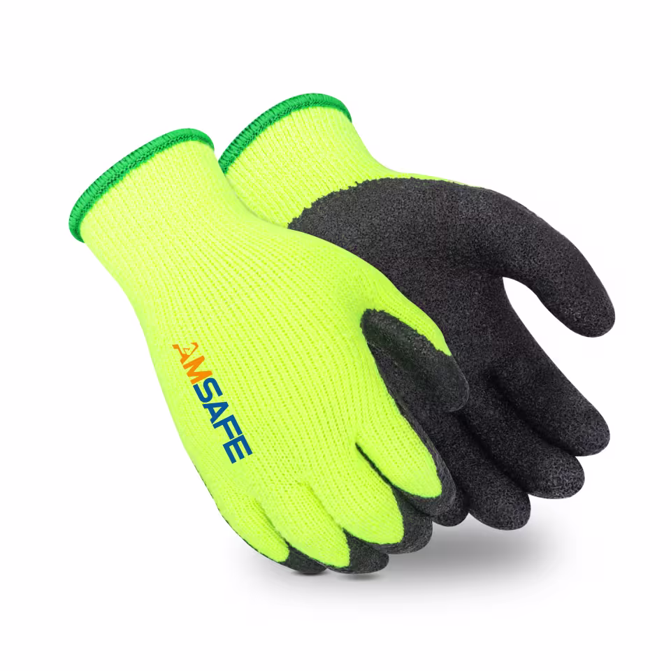 Guantes térmicos: par de guantes térmicos WL3206 amarillo fluorescente con recubrimiento negro de látex rugoso y ribete verde — imagen 1