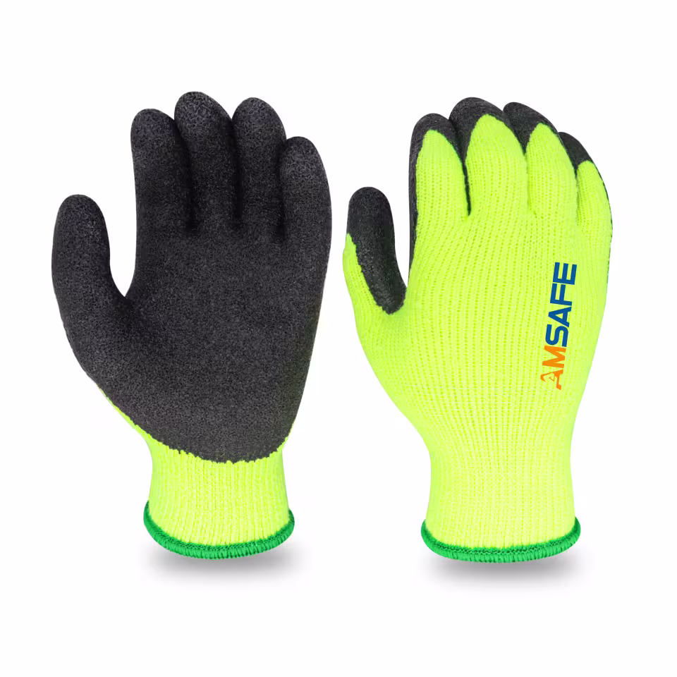Guantes térmicos: par de guantes térmicos WL3206 amarillo fluorescente con recubrimiento negro de látex rugoso y ribete verde — imagen 2