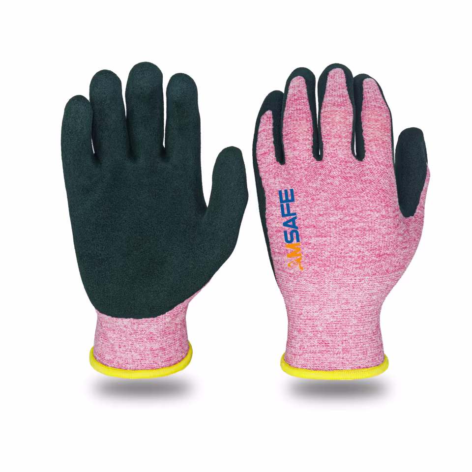 Guantes con recubrimiento de látex: par de guantes AL5206 rosas con recubrimiento verde de látex arenoso — imagen 2