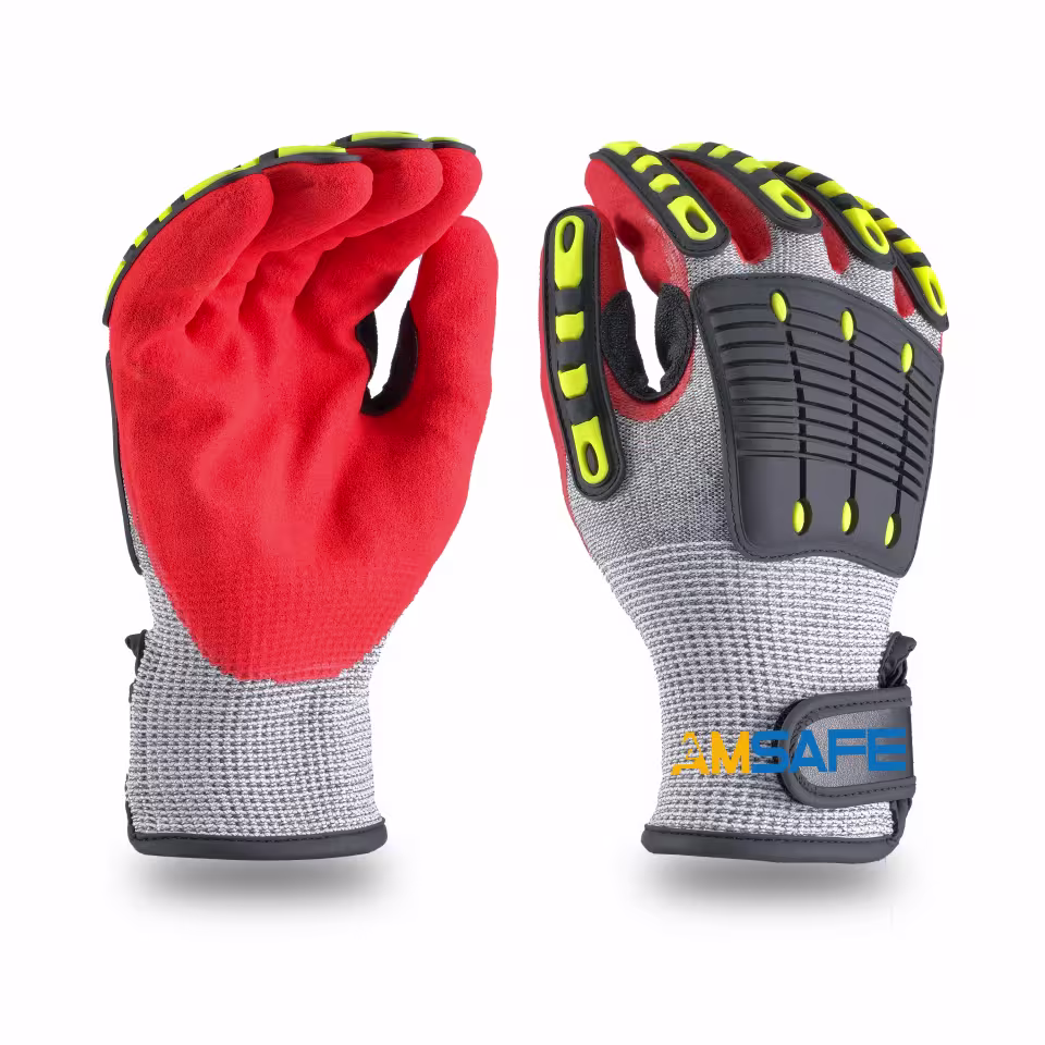 Guantes antiimpacto: par de guantes antiimpacto AL3301 grises y rojos con protecciones TPR negras y amarillas — imagen 2