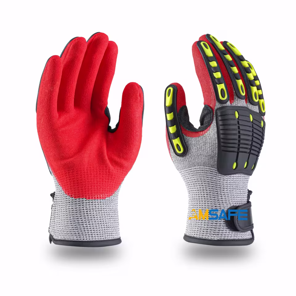 Guantes antiimpacto: par de guantes antiimpacto AL3301 grises y rojos con protecciones TPR negras y amarillas — imagen 4