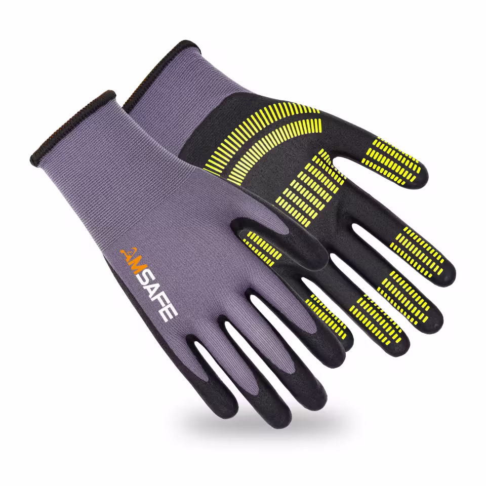 Guantes recubiertos de nitrilo: par de guantes ASF-MN5330 grises y negros con puntos amarillos de nitrilo en la palma — imagen 3