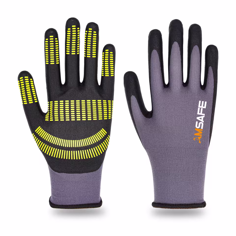 Guantes recubiertos de nitrilo: par de guantes ASF-MN5330 grises y negros con puntos amarillos de nitrilo en la palma — imagen 4