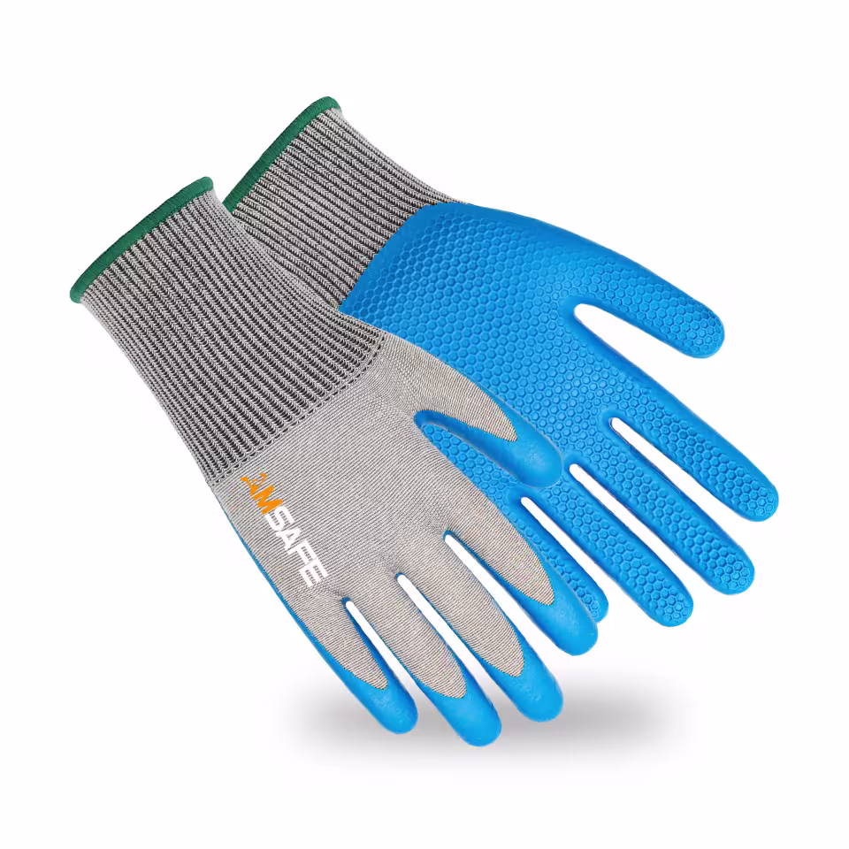 Guantes con recubrimiento de látex: par de guantes ASF-EL3431 grises con recubrimiento azul de látex texturizado — imagen 3