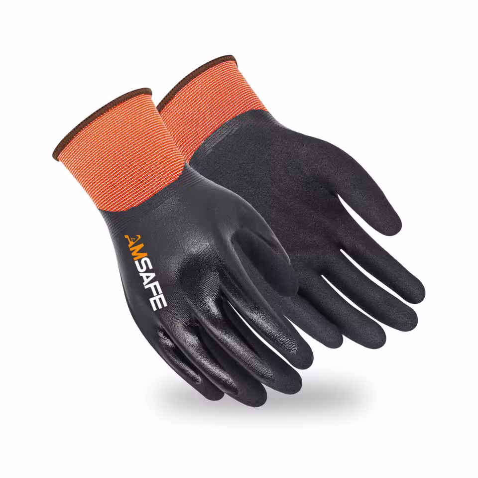 Guantes recubiertos de nitrilo: par de guantes SN5331 naranjas y negros con acabado de nitrilo arenoso en la palma — imagen 1
