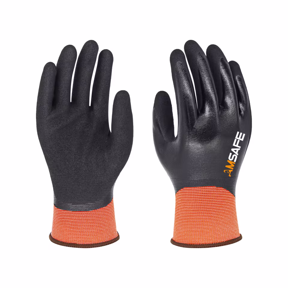 Guantes recubiertos de nitrilo: par de guantes SN5331 naranjas y negros con acabado de nitrilo arenoso en la palma — imagen 2