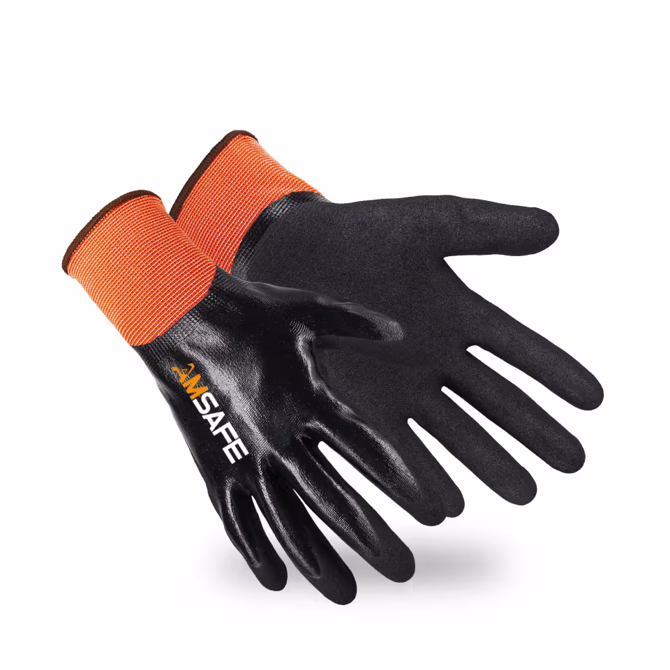 Guantes recubiertos de nitrilo: par de guantes SN5331 naranjas y negros con acabado de nitrilo arenoso en la palma — imagen 3