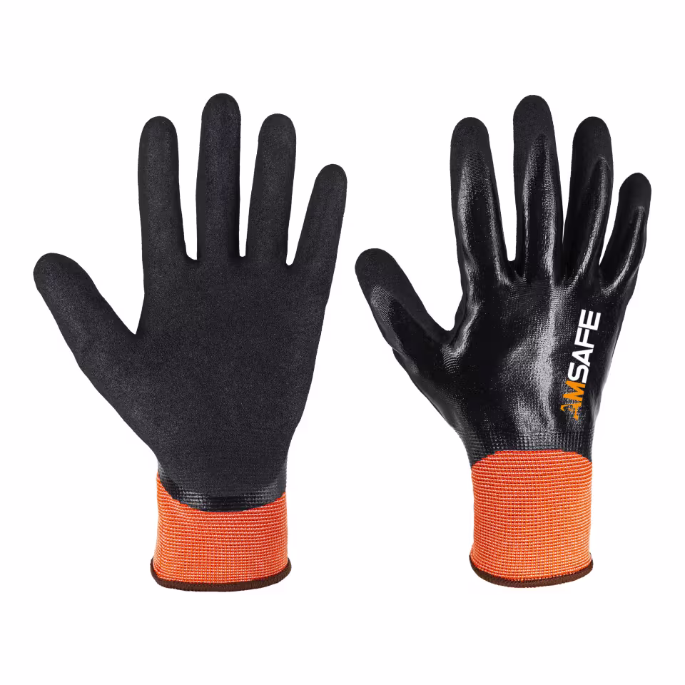 Guantes recubiertos de nitrilo: par de guantes SN5331 naranjas y negros con acabado de nitrilo arenoso en la palma — imagen 4